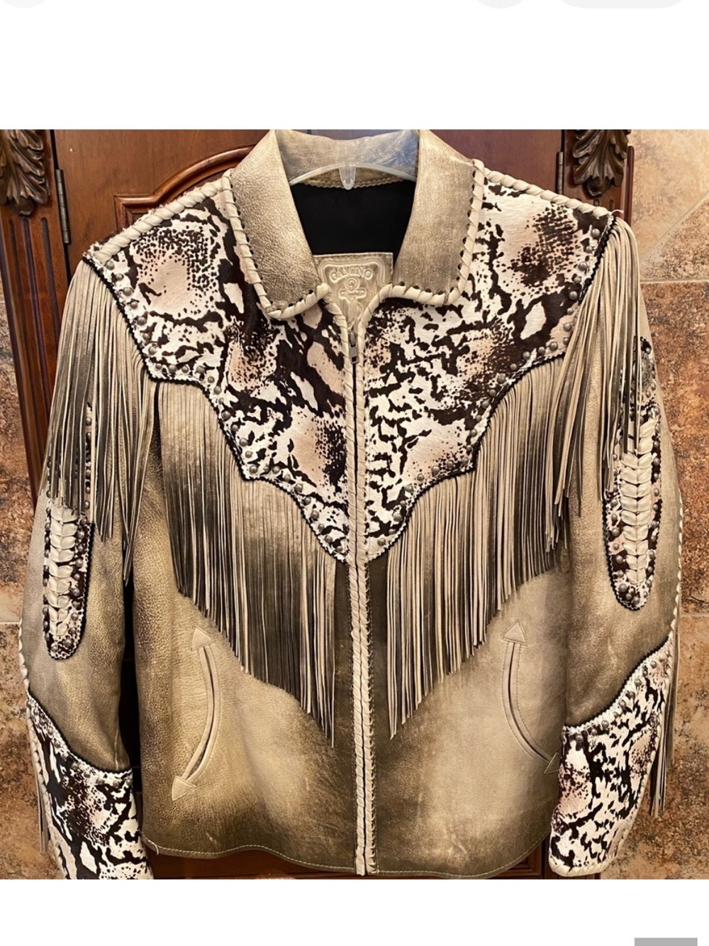 Fringed Leather Jacket with Animal Print Accents - Beige/Brown